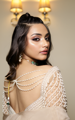 Load image into Gallery viewer, Elegant Pearl Embroidery Blouse with Satin Skirt and Ruffle Dupatta | Tanu Khera Designs