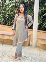 Load image into Gallery viewer, Effortless Glamour: Foil Georgette Kaftan Style Shirt with Embroidered Neckline & Detailed Pants