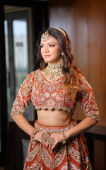 Load image into Gallery viewer, Celestial Splendor: Tanu Khera's Exquisite Bridal Lehenga in Organza and Zardozi Embroidery