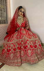 Load image into Gallery viewer, "CRIMSON ELEGANCE: TANU KHERA'S EXQUISITE GEORGETTE BRIDAL LEHENGA
