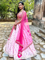 Load image into Gallery viewer, Radiant Powder Pink Mirror Lehenga Set with Bold Hot Pink Blouse & Net Dupatta
