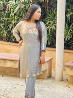 Load image into Gallery viewer, Effortless Glamour: Foil Georgette Kaftan Style Shirt with Embroidered Neckline & Detailed Pants