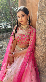 Load image into Gallery viewer, Radiant Powder Pink Mirror Lehenga Set with Bold Hot Pink Blouse & Net Dupatta