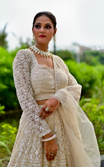 Load image into Gallery viewer, Ivory Dream: Tanu Khera's Exquisite Reception Net Lehenga