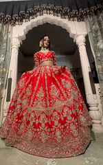 Load image into Gallery viewer, "CRIMSON ELEGANCE: TANU KHERA'S EXQUISITE GEORGETTE BRIDAL LEHENGA