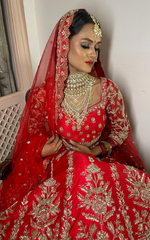 Load image into Gallery viewer, "CRIMSON ELEGANCE: TANU KHERA'S EXQUISITE GEORGETTE BRIDAL LEHENGA