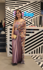 Load image into Gallery viewer, "Satin Splendor: The Tanu Khera Designs Armani Satin Drape Saree with Printed Palla and Embroidered Blouse"