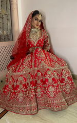 Load image into Gallery viewer, "CRIMSON ELEGANCE: TANU KHERA'S EXQUISITE GEORGETTE BRIDAL LEHENGA
