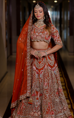 Load image into Gallery viewer, Celestial Splendor: Tanu Khera's Exquisite Bridal Lehenga in Organza and Zardozi Embroidery