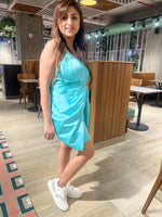 Load image into Gallery viewer, BLUE GOWN DRESS, ADORNED WITH GOLDEN CHAIN WORK