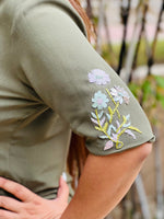 Load image into Gallery viewer, Elegant Olive Green Moss Crepe Co-ord Set with Floral Embroidery