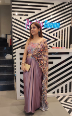 Load image into Gallery viewer, "Satin Splendor: The Tanu Khera Designs Armani Satin Drape Saree with Printed Palla and Embroidered Blouse"