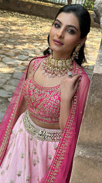 Load image into Gallery viewer, Radiant Powder Pink Mirror Lehenga Set with Bold Hot Pink Blouse & Net Dupatta