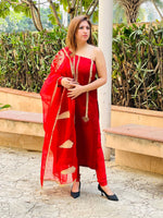 Load image into Gallery viewer, Embroidered Elegance: Maroon One-Shoulder Churidar Suit