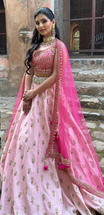 Load image into Gallery viewer, Radiant Powder Pink Mirror Lehenga Set with Bold Hot Pink Blouse & Net Dupatta