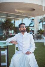 Load image into Gallery viewer, "EMBELLISHED EXCELLENCE MAJESTIC THREADS: TANU KHERA'S ROYAL OFF-WHITE SHERWANI"