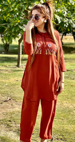 Load image into Gallery viewer, Embrace Elegance with the Italian Crepe Rust Co-Ord