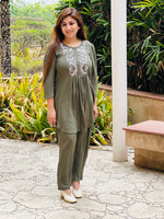 Load image into Gallery viewer, Timeless Elegance: Olive Green Pleated Co-ord with Multi-Coloured Embroidered Yoke