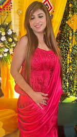 Load image into Gallery viewer, Elegant Pink Armani Satin Drape Saree with Hand-Embroidered Peplum Corset Blouse