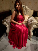 Load image into Gallery viewer, Elegant Pink Armani Satin Drape Saree with Hand-Embroidered Peplum Corset Blouse