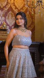 Load image into Gallery viewer, Radiant Elegance: The Opulent Grey Net Reception Lehenga by Tanu Khera Designs