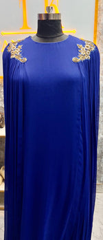 Load image into Gallery viewer, Elegance in Royal Blue: The Viscose Georgette Ruched Cape Gown