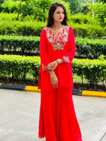 Load image into Gallery viewer, Radiant Coral Orange Georgette Sharara Suit with Exquisite Rose Gold Embroidery