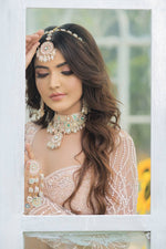 Load image into Gallery viewer, Majestic Splendor: Peach Net Lehenga with Sequins, Beads, Crystals, and Stone Embroidery