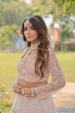 Load image into Gallery viewer, Majestic Splendor: Peach Net Lehenga with Sequins, Beads, Crystals, and Stone Embroidery