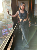 Load image into Gallery viewer, Glamour in Black: The Tanu Khera Designs Black Glitter Drape and Ruched Saree&quot;
