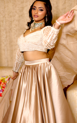 Load image into Gallery viewer, Elegant Pearl Embroidery Blouse with Satin Skirt and Ruffle Dupatta | Tanu Khera Designs
