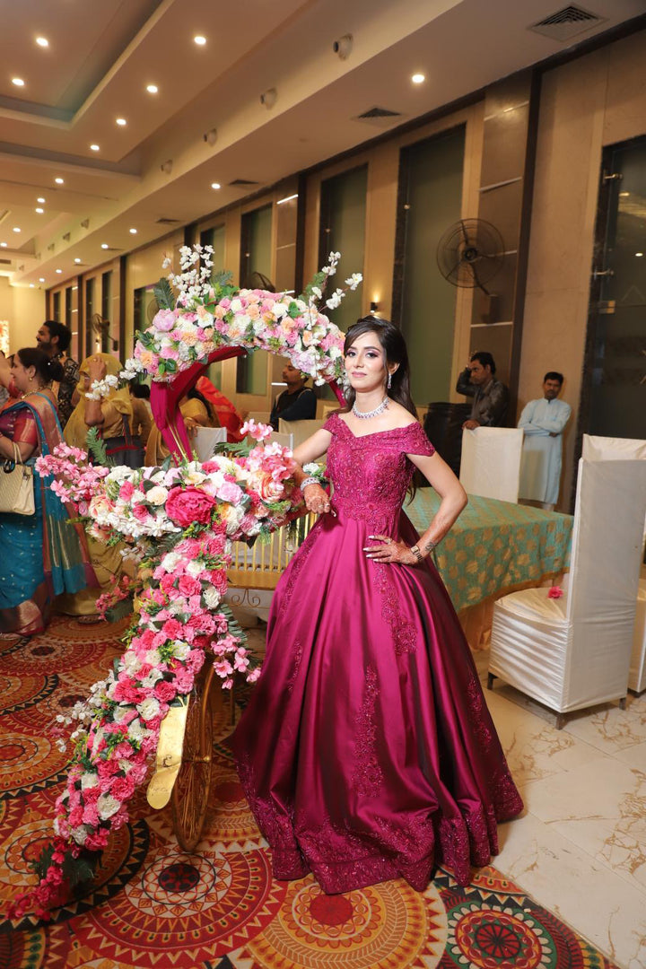 "CELESTIAL ELEGANCE: THE TANU KHERA DESIGNS OFF-SHOULDER SILK GOWN"