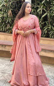 Radiant Onion-Colored Chinon Lehenga Set with Hand-EmbroRaidered Jacket