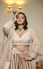 Load image into Gallery viewer, Elegant Pearl Embroidery Blouse with Satin Skirt and Ruffle Dupatta | Tanu Khera Designs
