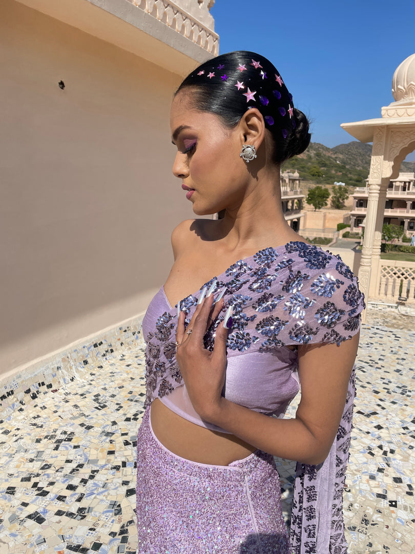 A MULTICOLOURED PURPLE HUE AND AN OFF-SHOULDER BLOUSE