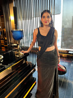 Load image into Gallery viewer, Glamour in Black: The Tanu Khera Designs Black Glitter Drape and Ruched Saree&quot;
