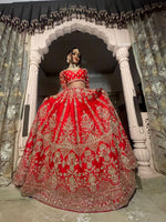 Load image into Gallery viewer, &quot;CRIMSON ELEGANCE: TANU KHERA&#39;S EXQUISITE GEORGETTE BRIDAL LEHENGA
