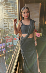 Load image into Gallery viewer, Glamour in Black: The Tanu Khera Designs Black Glitter Drape and Ruched Saree&quot;
