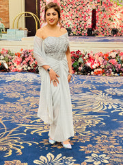 Shimmer Luxe: A Draped Grey Masterpiece