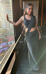 Load image into Gallery viewer, Glamour in Black: The Tanu Khera Designs Black Glitter Drape and Ruched Saree&quot;
