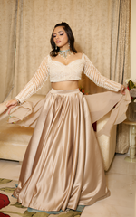 Load image into Gallery viewer, Elegant Pearl Embroidery Blouse with Satin Skirt and Ruffle Dupatta | Tanu Khera Designs
