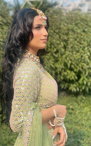 ETHEREAL REFLECTIONS - HAND EMBROIDERED GREEN MIRROR WORK LEHENGA