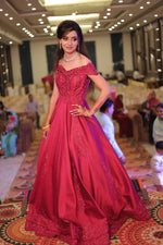 Load image into Gallery viewer, &quot;CELESTIAL ELEGANCE: THE TANU KHERA DESIGNS OFF-SHOULDER SILK GOWN&quot;
