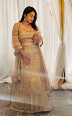 Load image into Gallery viewer, Elegance Redefined: Copperish Gold Lehenga by Tanu Khera Designs
