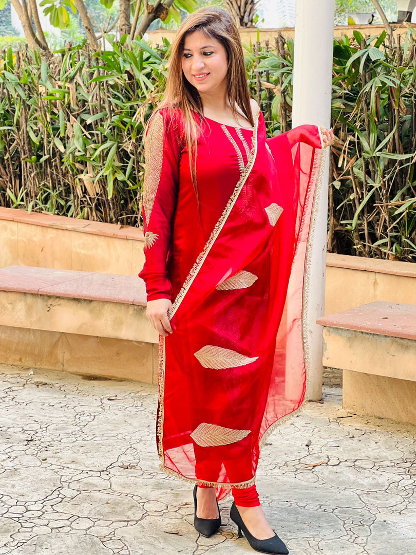 Embroidered Elegance: Maroon One-Shoulder Churidar Suit