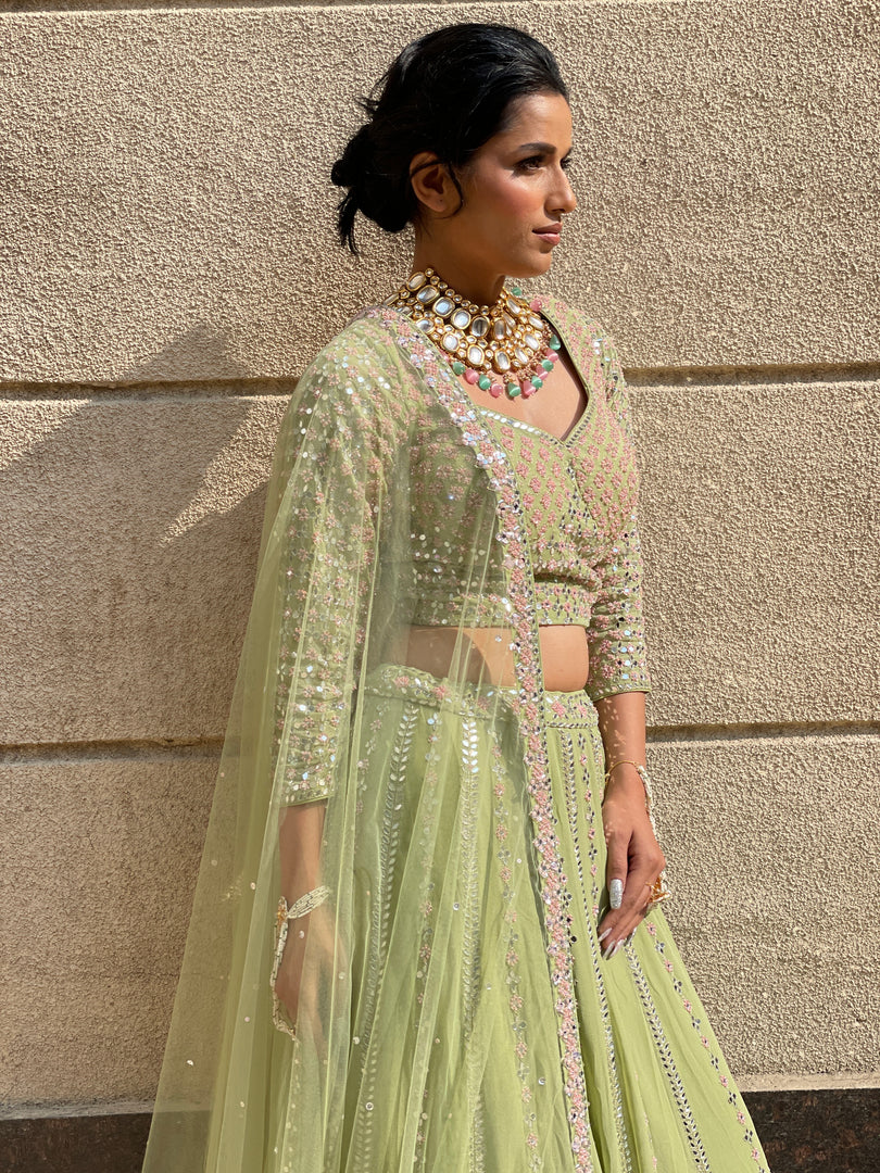 ETHEREAL REFLECTIONS - HAND EMBROIDERED GREEN MIRROR WORK LEHENGA