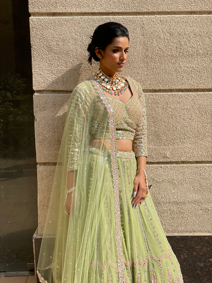 ETHEREAL REFLECTIONS - HAND EMBROIDERED GREEN MIRROR WORK LEHENGA