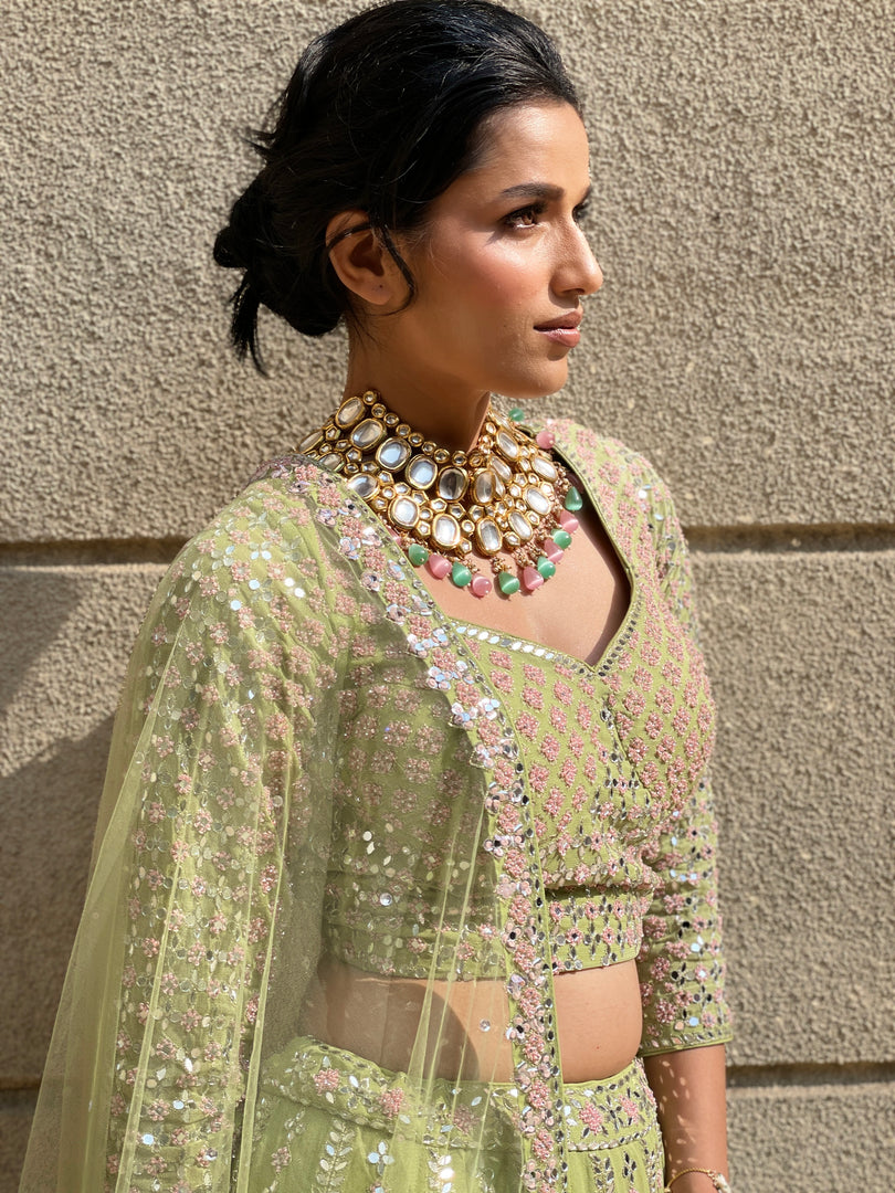 ETHEREAL REFLECTIONS - HAND EMBROIDERED GREEN MIRROR WORK LEHENGA