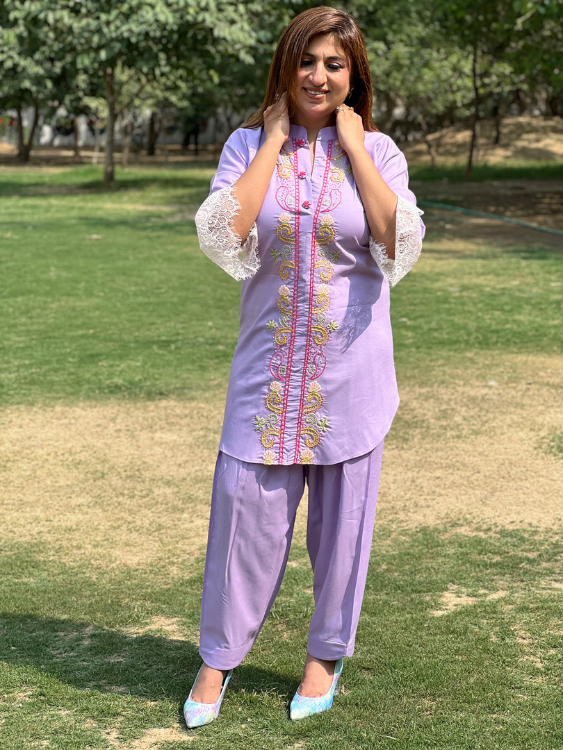 Graceful Mauve Rayon Shirt with Lace Detailing by Tanu Khera Designs