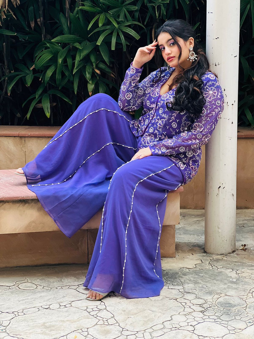 Majestic in Purple: The Embroidered Georgette Jacket with Beaded Sharara